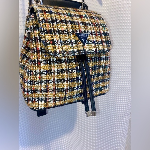 Women’s‎ GUESS convertible Cessily black and yellow Tweed Backpack purse bag - Picture 7 of 16